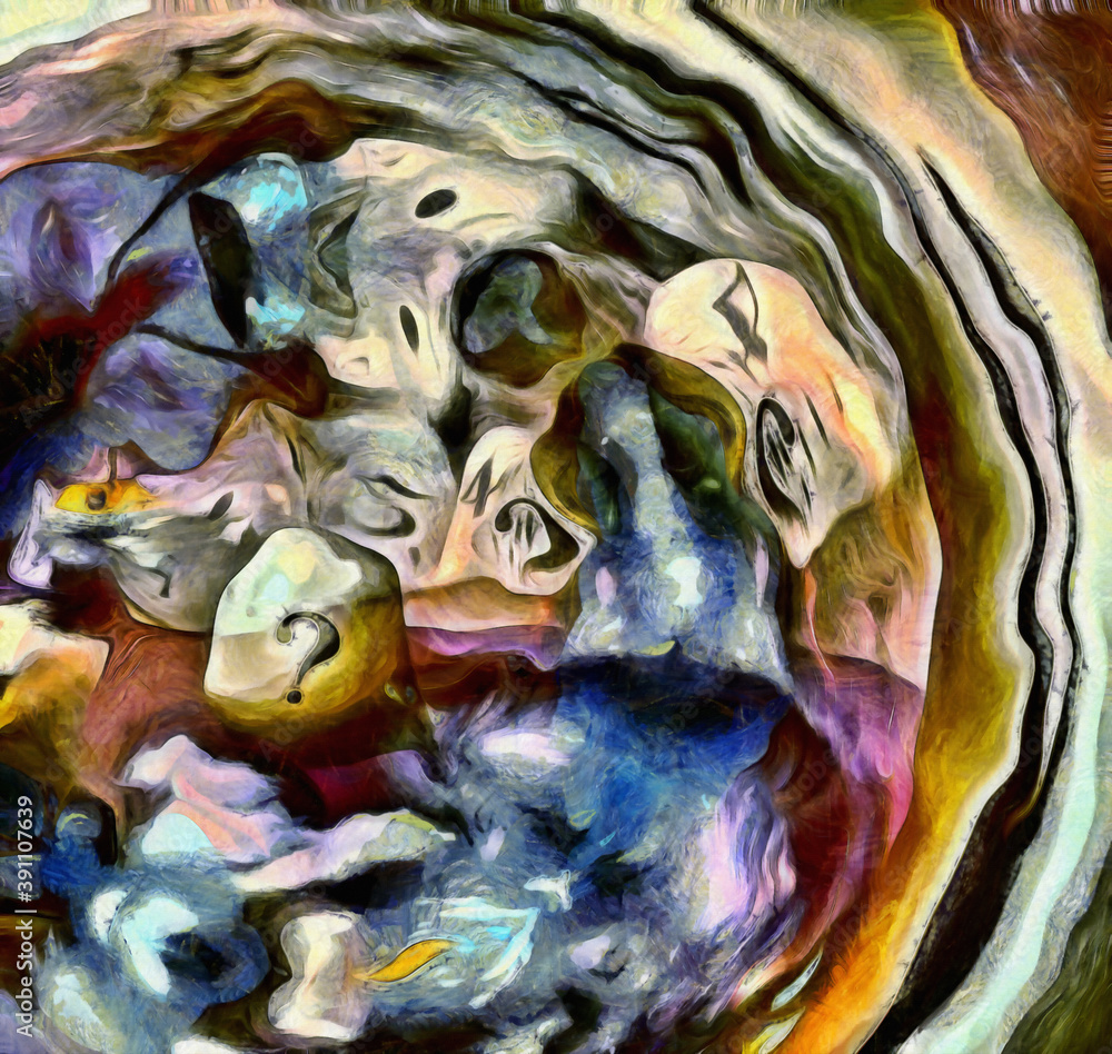 Poster complex abstract painting. question marks and numbers. warped space. 3d rendering