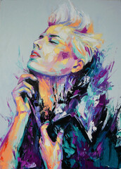 Abstraktes Bild eines schönen Mädchens. Konzeptionelle Nahaufnahme eines Ölgemäldes und Spachtel auf Leinwand. Ölportraitmalerei in bunten Tönen. © Mari Dein