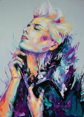 Abstraktes Bild eines schönen Mädchens. Konzeptionelle Nahaufnahme eines Ölgemäldes und Spachtel auf Leinwand. Ölportraitmalerei in bunten Tönen. © Mari Dein