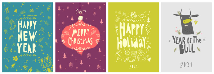 Vector illustration. A set of Christmas and new year cards and a postcard in the year of the bull.