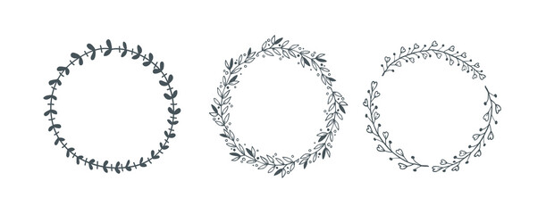 Hand drawn decorative floral round wreath frame