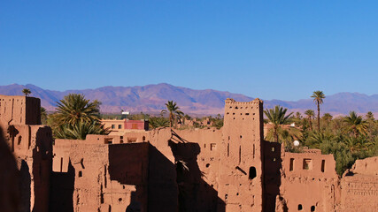 Beautiful view over a historic Moorish kasbah (casbah) built of loam and strew materials located...