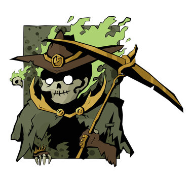 skeleton with a hat and a scythe. Funny halloween character