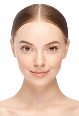 Headshot vertical portrait of young woman with brown eyes isolated on white background. Concept of...