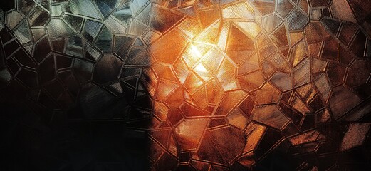 Corrugated glass with backlight. Beautiful light refraction in red, brown, yellow, orange and black...