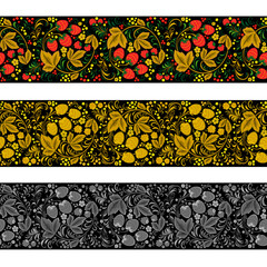 Seamless patterns in Khokhloma painting style. Khokhloma, Russian traditional wood art. Pattern brushes. Various color sets. Mask is used.