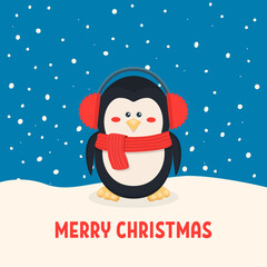 Merry Christmas Postcard. Vector Christmas Cute and Funny Penguin with Headphones in the Snow Scene in Flat Style. Design Template for Merry Christmas and Happy New Year Card. Cartoon Kids Character