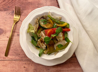 Mediterranean mixed green salad with iceberg salad, field salad, tomatoes, zucchini, bell pepper and balsamic vinegar with olive oil.
Perfect addition to any dinner or lunch.