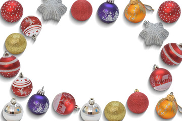 New Year collage of multicolored Christmas tree toys isolated on white background