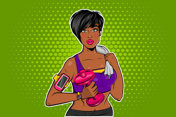 Sexy black african-american pop art girl on workout. Sporty woman with a phone holder on your hand, a sports watch and a wireless earpiece. Cartoon comics book style vector on halftone background.