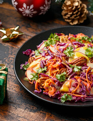 Christmas Red Cabbage salad with carrots, apples and pecan nuts, honey mustard dreassing