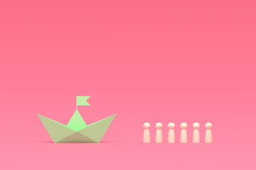 Business team of wooden men with with a paper boat leader. 3d rendering