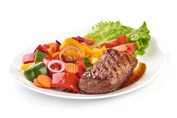 Roasted beef steak with stir fry vegetables, isolated on white background