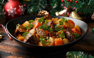 Christmas Beef Stew with decoration, gifts, green tree branch on wooden rustic table