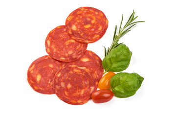 Chorizo sausage, Spanish salami, isolated on white background