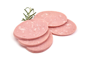 Italian mortadella, Boiled Bologna Sausage, close-up, isolated on white background