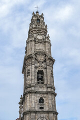 Fototapeta na wymiar Porto Baroque Church of Clerigos. Church of Clerigos (Igreja dos Clerigos, 1763) with attached iconic Clerigos Tower - one of landmarks and symbols of Porto. Portugal.