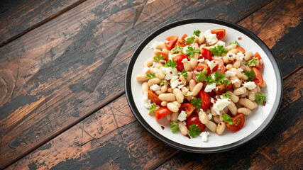White Bean Salad with Cherry Tomatoes, Feta cheese and parsley. Healthy vegetarian, vegan food