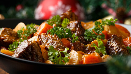 Christmas Beef Stew with decoration, gifts, green tree branch on wooden rustic table