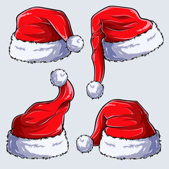 Four Christmas Santa Claus hats isolated on white background. sketched in high quality, lights and shadows, ready for use in your Christmas designs