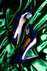 blue womens stiletto heels on a green background