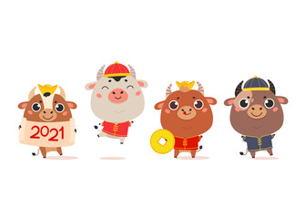 Christmas design template with oxen in traditional costume.Cute bulls with gold money.New year design of poster, card, headers website and sale concept.Vector cartoon illustration on white background.