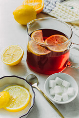 Red lemonade with citruses on a light background. Still life.