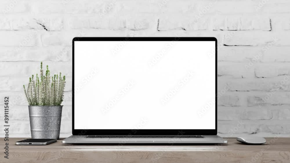 Aufkleber laptop blank screen is sliding from the right side than zoom slowly with acceleration to the screen.