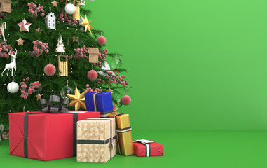 Christmas scene with tree, gifts and shiny glass balls and toys, 3d render