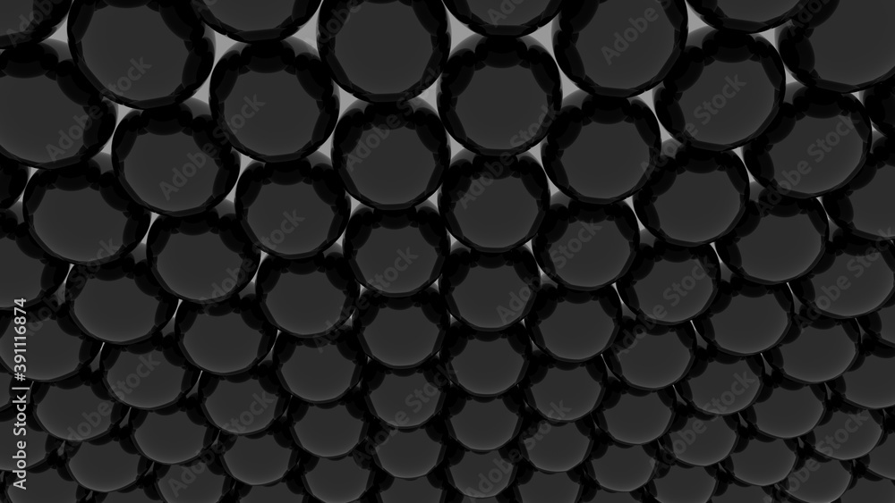 Poster a pattern of black globular balls on a gray background. wallpaper. 3d rendering.