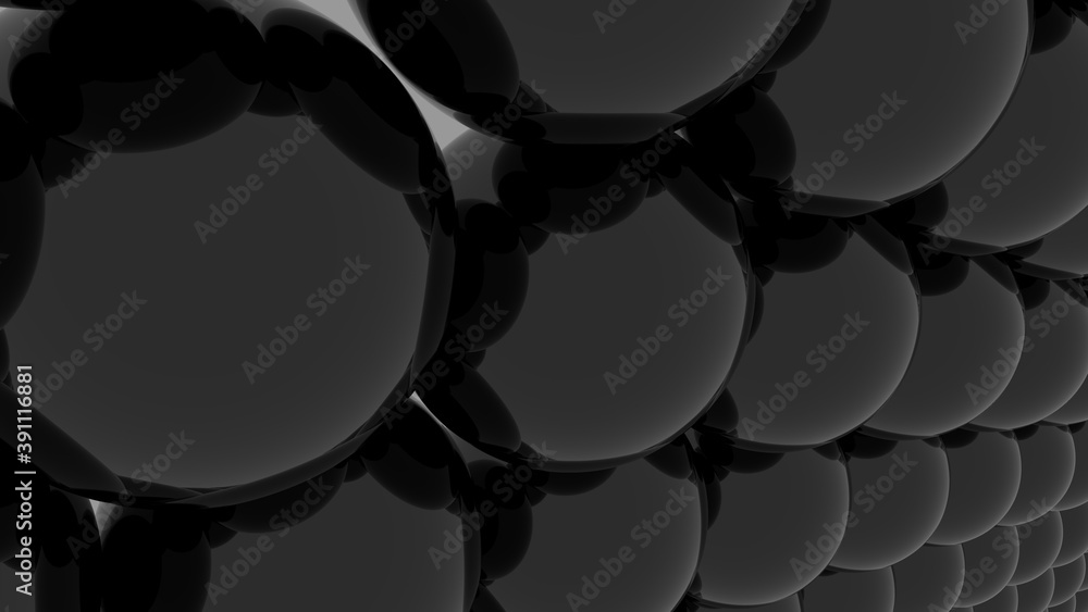 Poster a pattern of black globular balls on a gray background. wallpaper. 3d rendering.