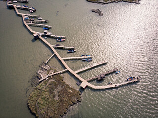 Traditional fishing boat bridge on a river in Portugal