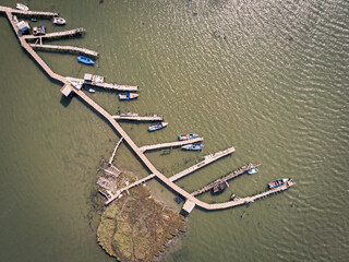 Traditional fishing boat bridge on a river in Portugal