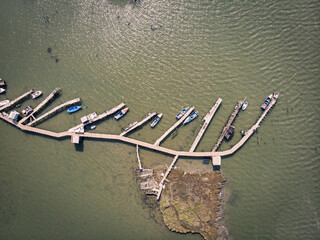 Traditional fishing boat bridge on a river in Portugal