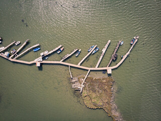 Traditional fishing boat bridge on a river in Portugal