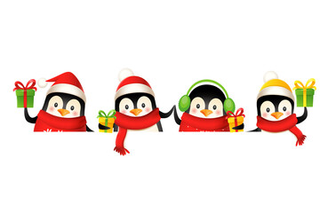 Happy cute penguin on board celebrate Christmas holidays