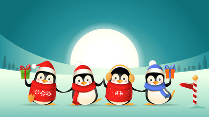 Cute penguin friends celebrate winter holidays - winter landscape background © Anura.dsgn