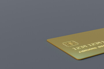 One golden credit card on gray background. Concept of luxury life and wealth