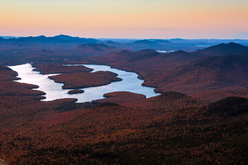 Lake Placid seen from whiteface mountain by a cool fall sunset