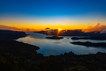 Sunrise at a fjord in New Zealand