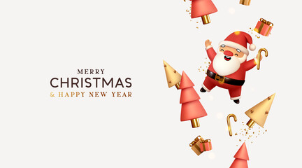 Christmas and New Year background. Falling gift box realistic character 3d santa claus. Conical Abstract Gold Christmas Trees. Xmas Winter holiday composition. Greeting card, banner, web poster.