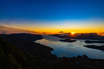 Sunrise at a fjord in New Zealand