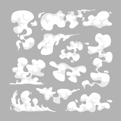 Set of Cartoon Smoke Clouds, Flow Mist, Smoky Steam. Chemical, Aroma or Toxic Steaming Vapour White Dust Steam Elements