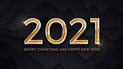 2021 Merry Christmas And Happy New Year Luxury Golden Elegant Text Vector Illustration Greeting Card Template. 3D Typography Happy New Years 2021 Vector Modern Chic Background