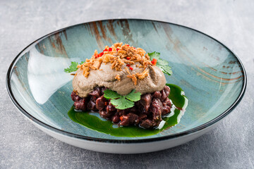 beef tartare with mushroom mousse