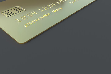 One golden credit card on gray background. Concept of luxury life and wealth