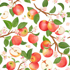 Autumn apple seamless pattern. Summer fruits, leaves, flowers vector background. Watercolor texture