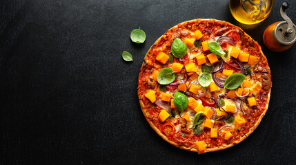 Pizza with pumpkin chunks with vegetables