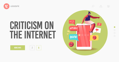 Online Trolling Landing Page Template. Tiny Female Character Sit on Huge Smartphone Bullying, Leave Bad Review, Dislike