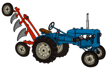 The vectorized hand drawing of a vintage blue tractor with a red plough